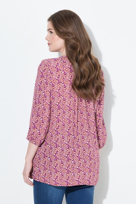 Blouse smockée, motif à fleurs, décolleté rond et manches 3/4, coupe évasée