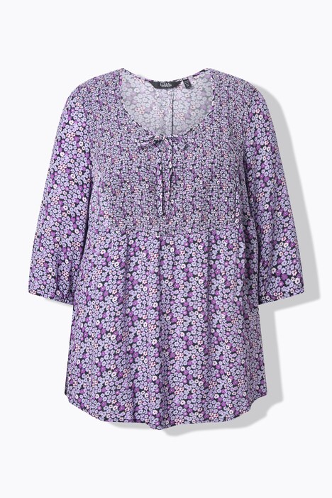 Blouse smockée, motif à fleurs, décolleté rond et manches 3/4, coupe évasée
