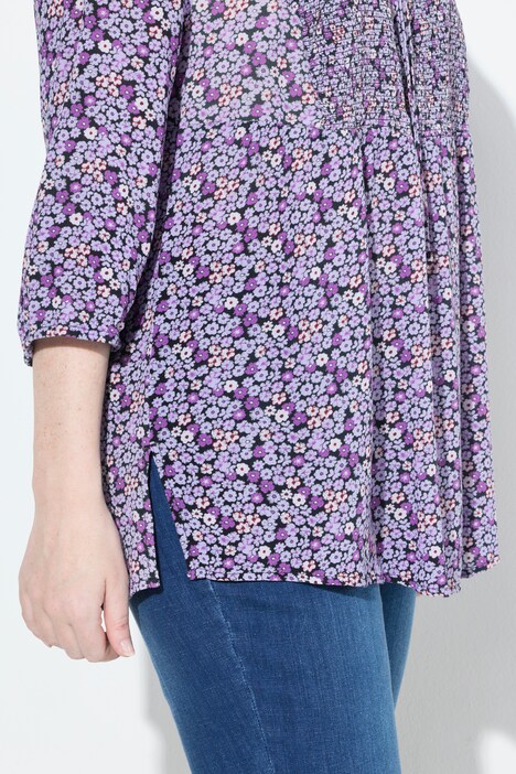 Blouse smockée, motif à fleurs, décolleté rond et manches 3/4, coupe évasée