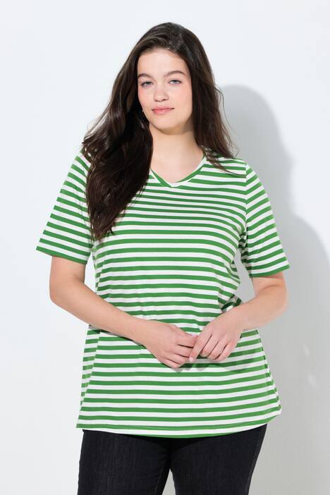 Lot de 2 T-shirts, rayures/uni, décolleté en V et manches courtes