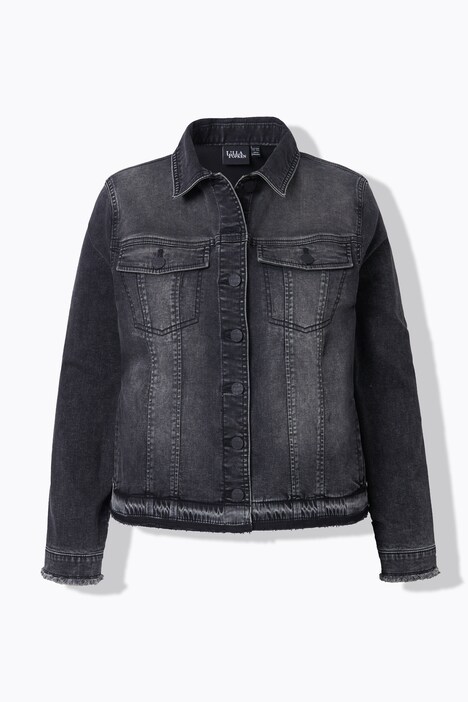 Denimjakke, frynse, skjortekrave, lange ærmer