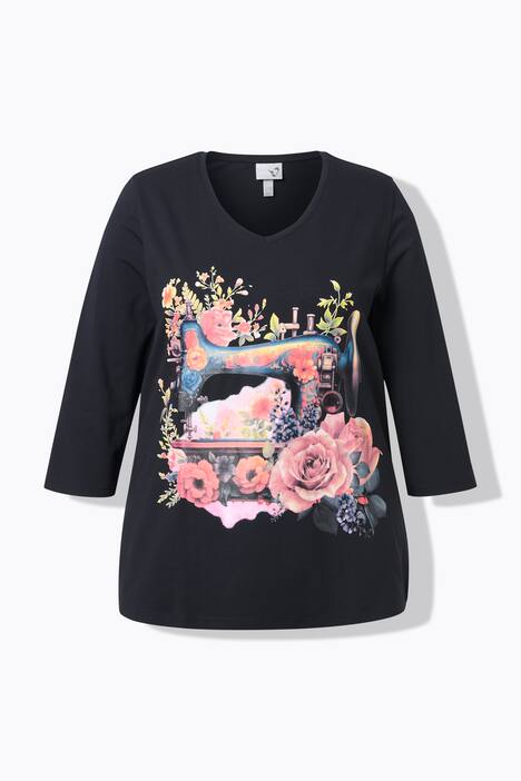 T-shirt décolleté en V et manches 3/4, motif machine à coudre, coupe Classic Fit