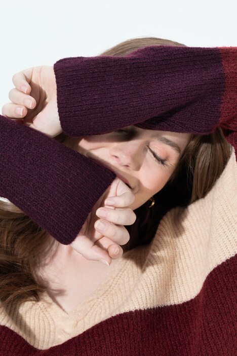 Pullover, Streifen, Zopfmuster, V-Ausschnitt, Langarm