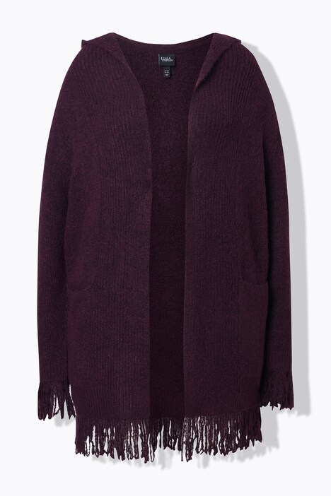 Strickjacke, Fransen, Kapuze, ohne Verschluss, Langarm