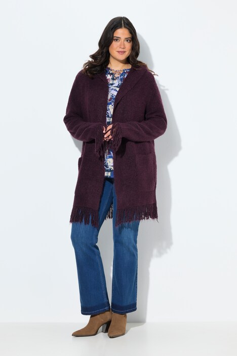 Strickjacke, Fransen, Kapuze, ohne Verschluss, Langarm