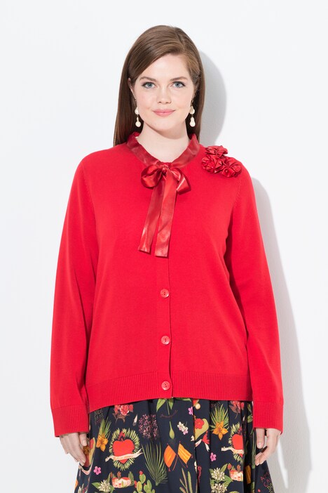 Cardigan col rond et manches longues, fleurs en satin