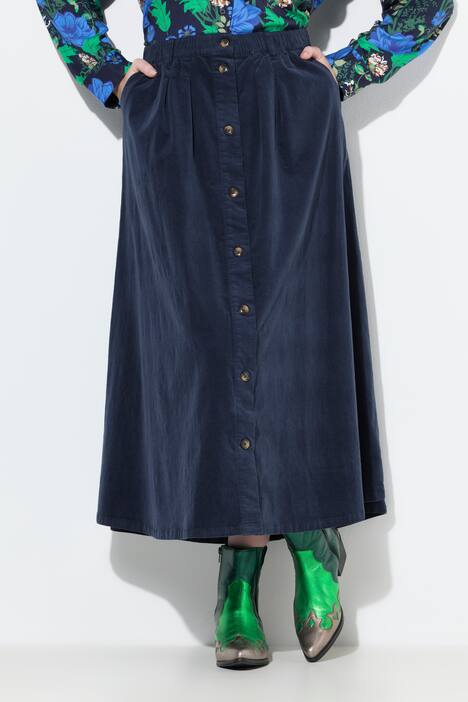 Maxirok van corduroy, A-lijn, knoopsluiting, elastische tailleband