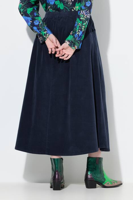 Maxirok van corduroy, A-lijn, knoopsluiting, elastische tailleband