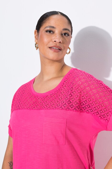 T-shirt coupe évasée, empiècement en dentelle