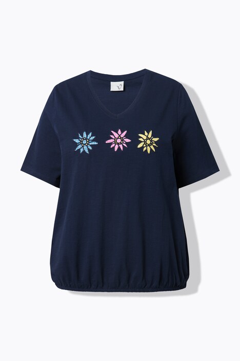 T-Shirt, Stickerei, V-Ausschnitt, Halbarm, Gummisaum