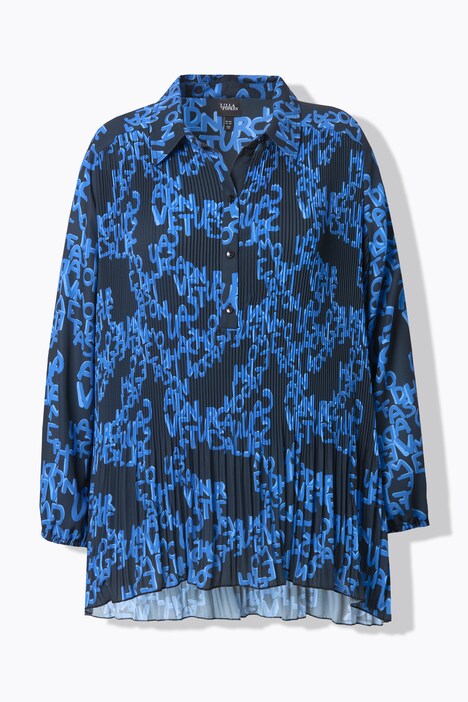 Plissee-Bluse, Schriftmuster, A-Linie, Hemdkragen, Langarm