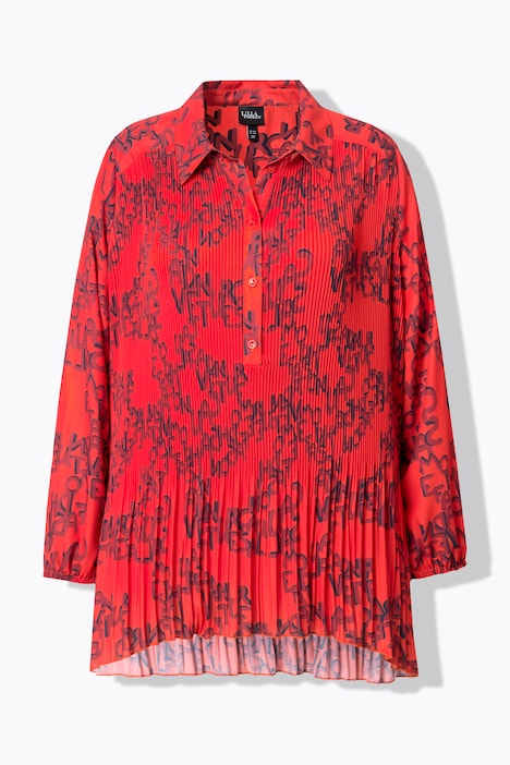 Plissee-Bluse, Schriftmuster, A-Linie, Hemdkragen, Langarm