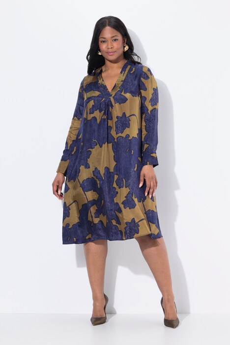 Robe en cupro, imprimé à fleurs, décolleté en V et manches longues, coupe évasée