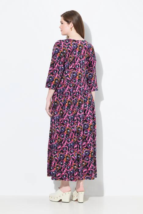 Maxi abito in jersey con fiori, scollo a girocollo, maniche a 3/4 e tasche