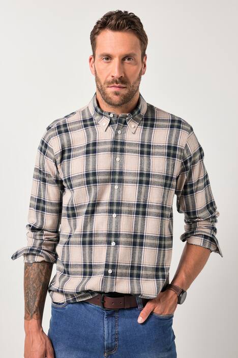 Camisa de franela con cuadros JP1880, manga larga, cuello abotonado, ajuste moderno, hasta la talla 8 XL