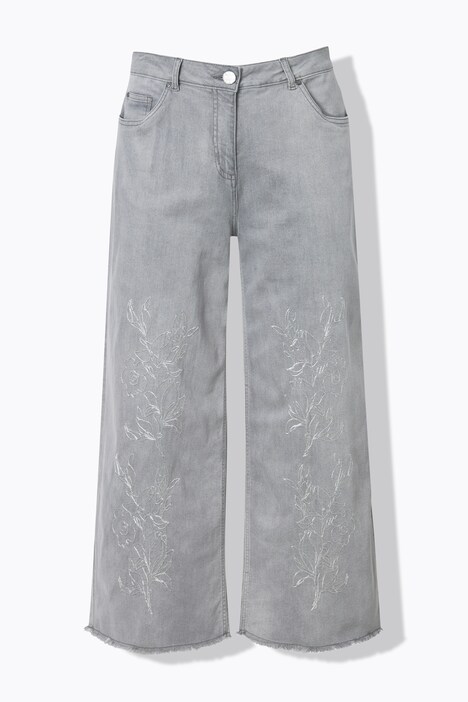 Jean Marie en denim stretch, broderie et bas de jambe avec ourlet frangé