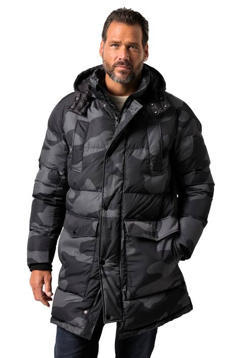 Prošívaná parka JP1880, maskáčová, kapuce, stahování v pase, do 7XL