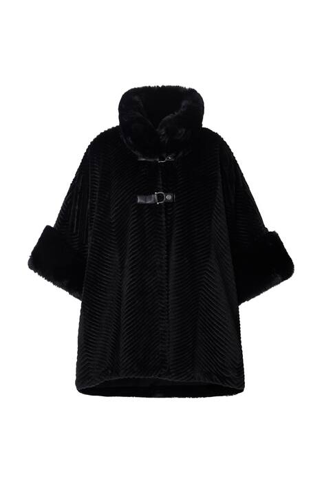 Pončo z umělé kožešiny, oversize, stojáček, ozdobné knoflíky