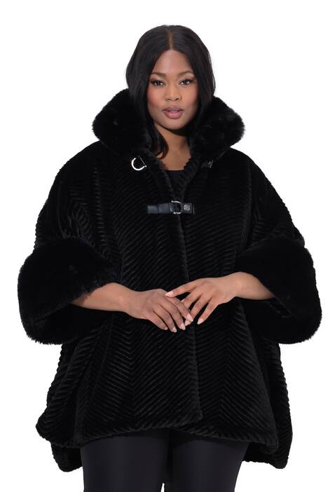 Pončo z umělé kožešiny, oversize, stojáček, ozdobné knoflíky
