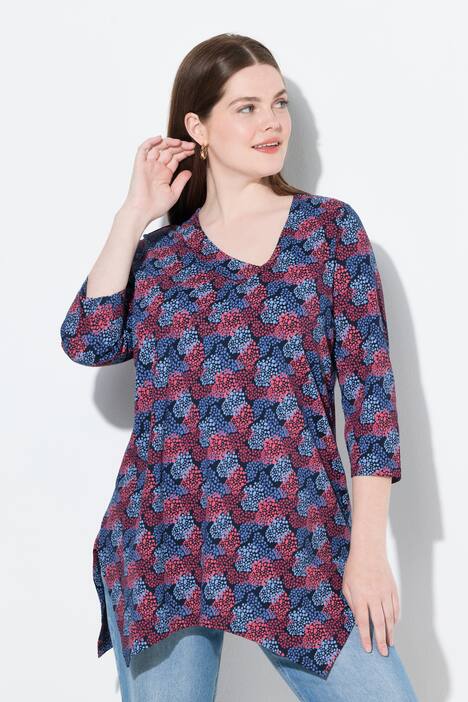 T-shirt en coton bio, décolleté en V et manches 3/4, base se terminant en pointes
