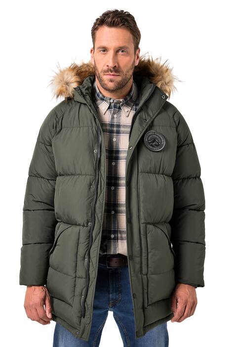 Prošívaná parka JP1880, kapuce, umělá kožešina, nášivky, do 8XL