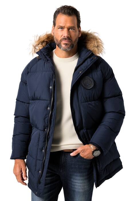 Prošívaná parka JP1880, kapuce, umělá kožešina, nášivky, do 8XL