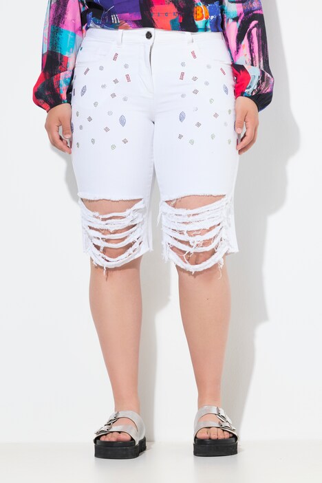 Bermuda en jean Berry, coupe droite, petites pierres fantaisie scintillantes et multicolores