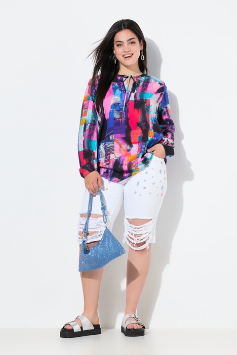 Bermuda en jean Berry, coupe droite, petites pierres fantaisie scintillantes et multicolores