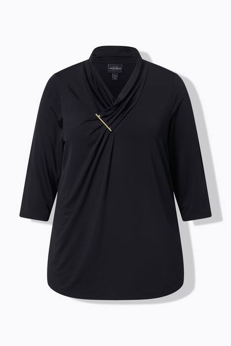 Maglia in tessuto fluente con scollo a goccia, spilla decorativa e maniche a 3/4