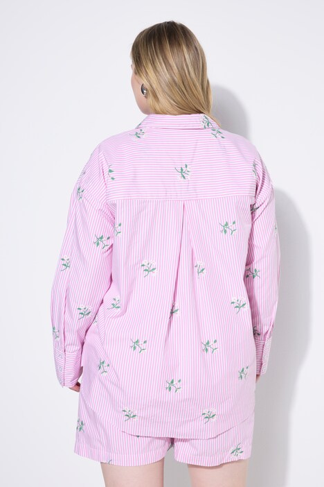 Skjorte, oversized med striber og blomsterbroderi