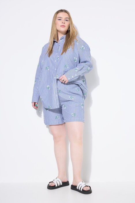 Shorts con taglio della gamba ampio, righe e ricami floreali