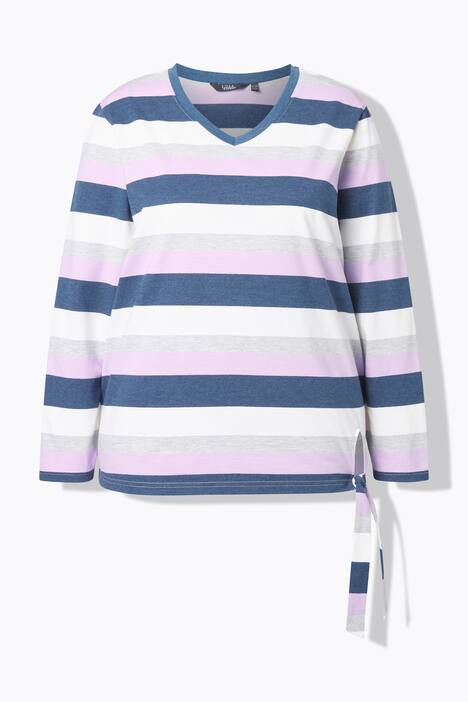 Stribet shirt, knude i kanten, V-udskæring, langærmet