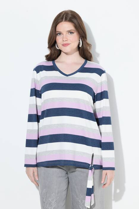 Stribet shirt, knude i kanten, V-udskæring, langærmet