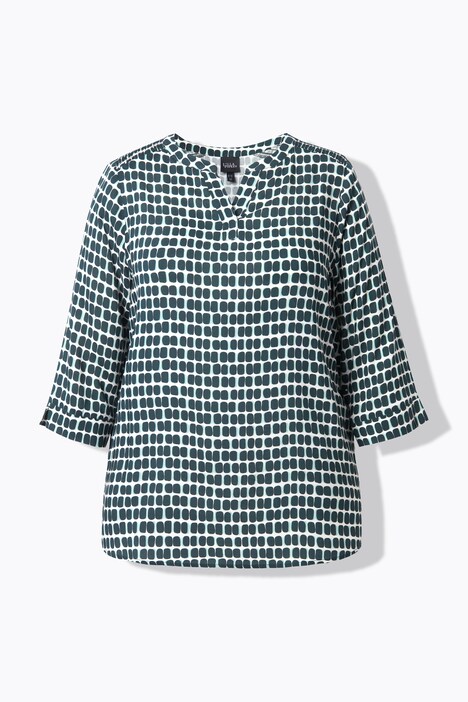 Blouse en satin, épaules smockées, col tunisien et manches 3/4