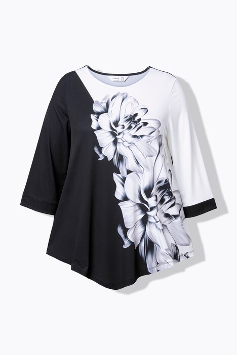 T-shirt, blomsterprint, 3/4-lange ærmer, tilspidste kant