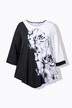 T-shirt, floral print, 3/4 sleeves, zip hem