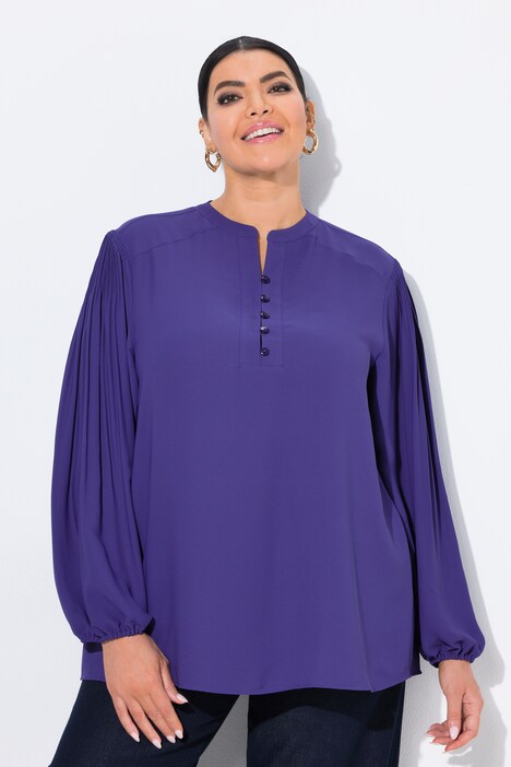Blouse avec plis fantaisie, manches longues et col rond, patte de boutonnage