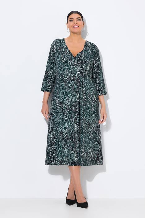 Robe midi en jersey, motif peau de serpent, décolleté en V et manches 3/4