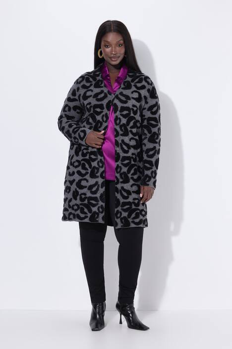 Cardigan lungo con design leopardato, collo alto e maniche lunghe