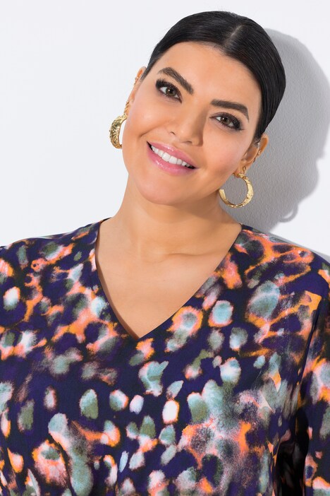 Blouse avec imprimé, cordon à froncer, décolleté en V et manches 3/4