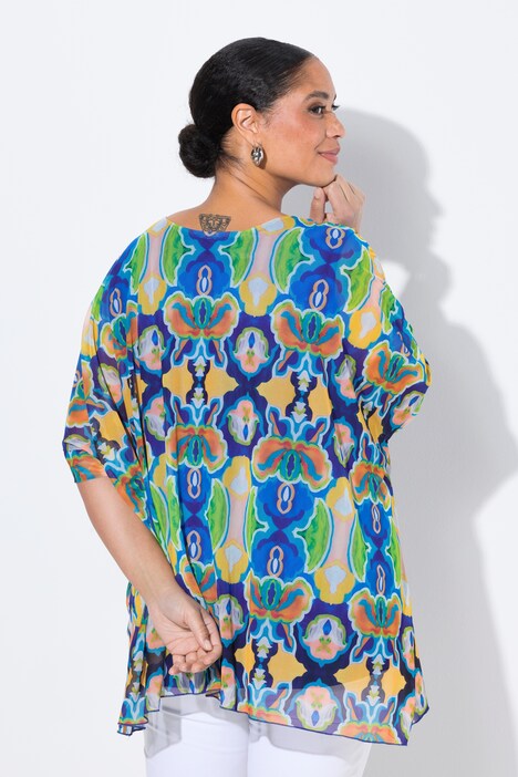 Mesh blouse, oversized, all-over print, ondoorzichtige top