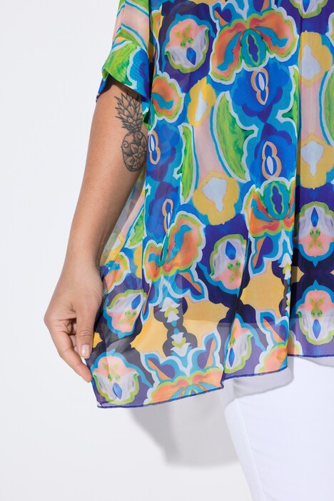 Mesh blouse, oversized, all-over print, ondoorzichtige top