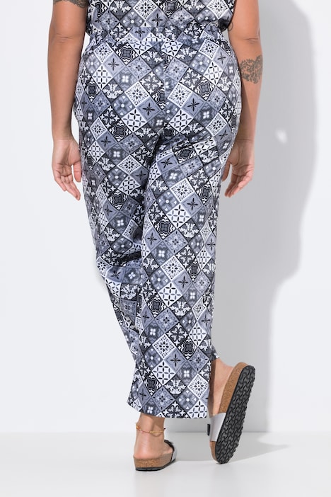 Broek, wijde pijpen, satijn met print