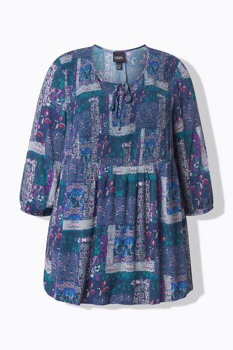 Gesmokte blouse, patchlook, A-lijn, ronde hals, 3/4-mouwen