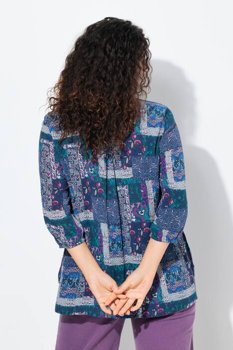 Gesmokte blouse, patchlook, A-lijn, ronde hals, 3/4-mouwen