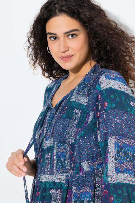 Gesmokte blouse, patchlook, A-lijn, ronde hals, 3/4-mouwen