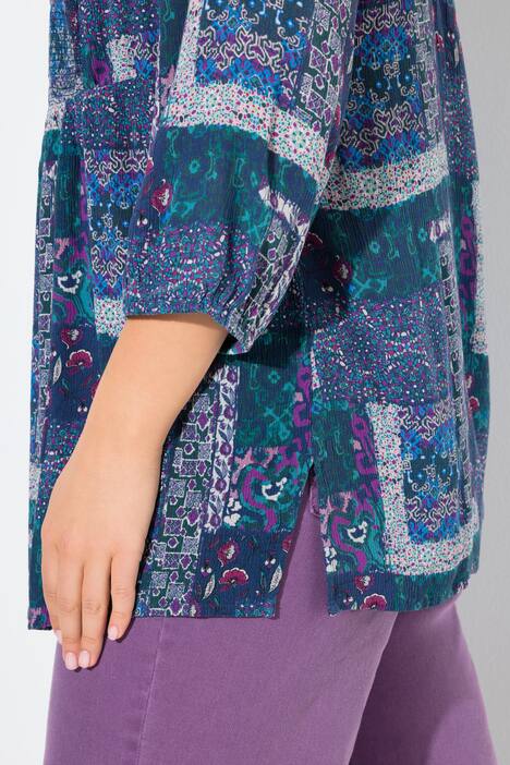 Gesmokte blouse, patchlook, A-lijn, ronde hals, 3/4-mouwen