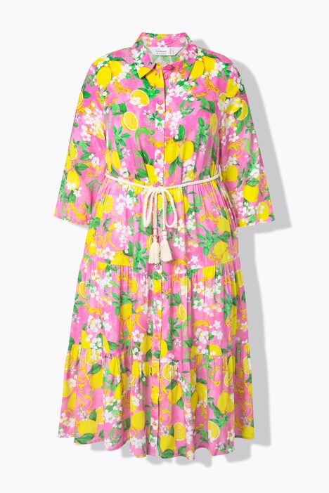 Robe-chemisier longueur midi, motif citrons et coupe évasée