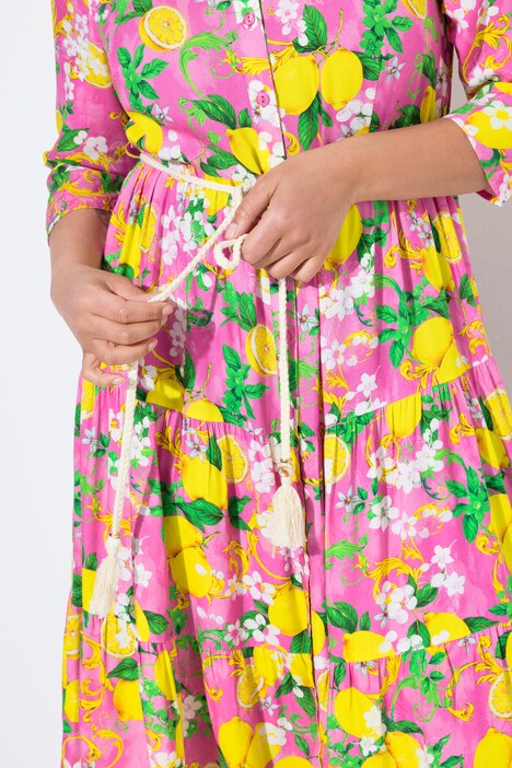 Robe-chemisier longueur midi, motif citrons et coupe évasée