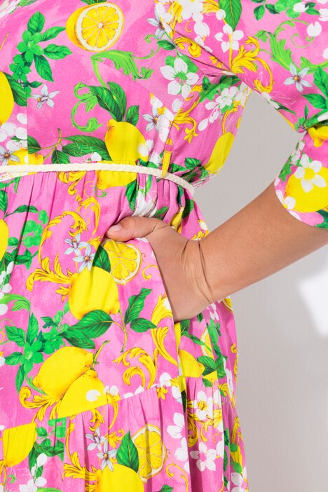 Robe-chemisier longueur midi, motif citrons et coupe évasée